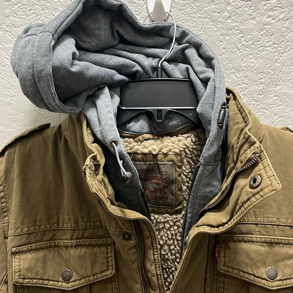 Levi's Men Small Washed Cotton Hooded Military Sherpa Lined Jacket Brown - Picture 2 of 14